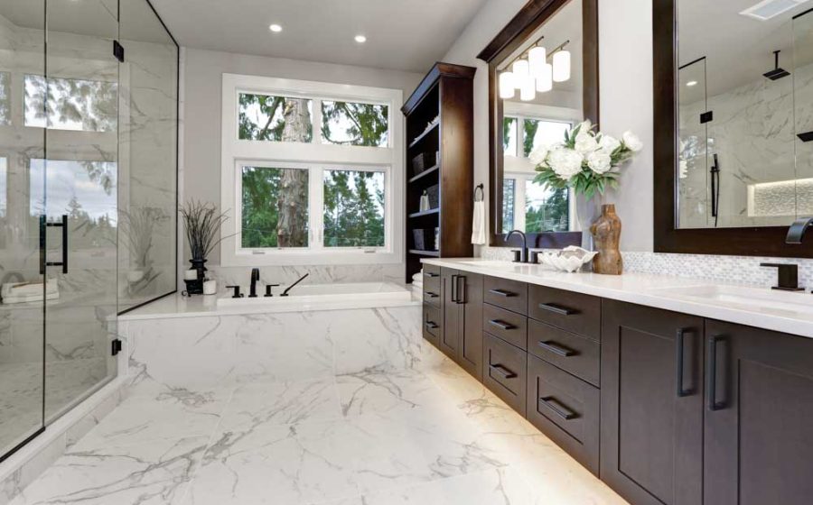Master modern bathroom interior in luxury home with dark hardwood